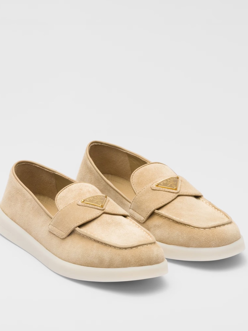 Prada Ecru Suede Loafers Metal Logo $1100